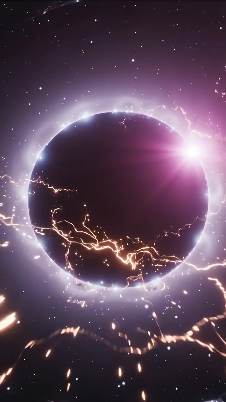 Video verticale: Nucleo scuro pulsante che sprigiona scintille in un alone spaziale, con archi arancioni luminosi e un bagliore rosa
