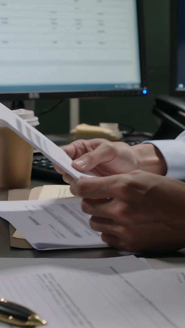 Vertical video: Hand settling on paper man in light shirt organizing forms at desk for filing