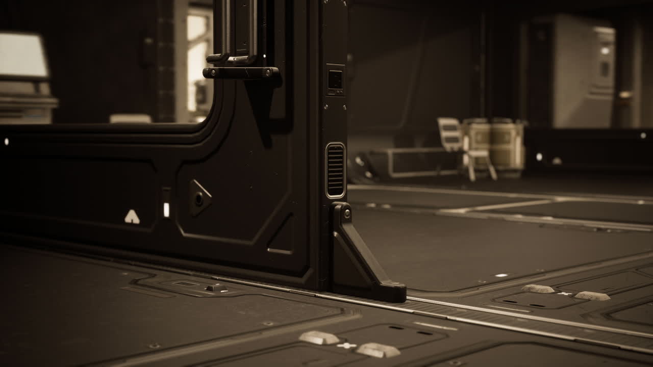 Exploring the interior of a futuristic space station facility at night