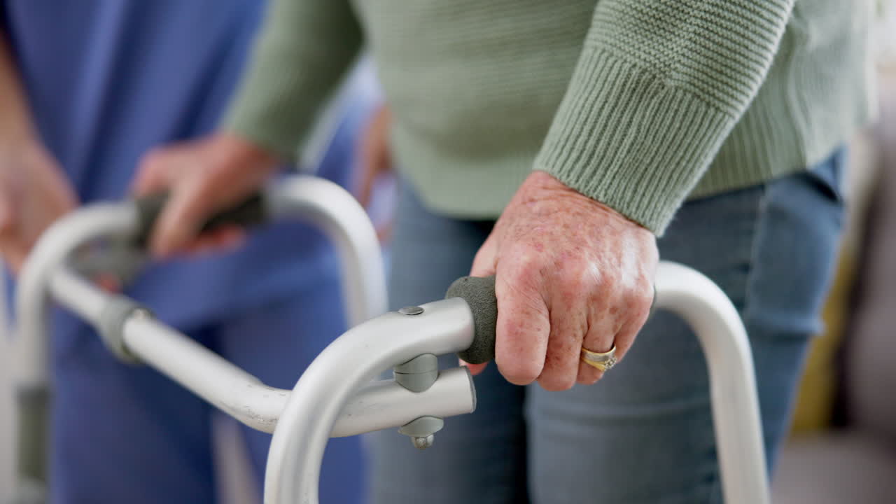Nursing home, walker and senior woman zoom