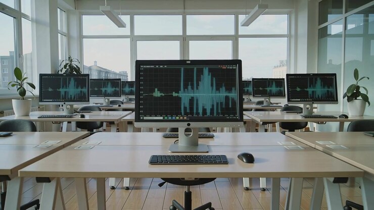 Empty Modern Office With Multiple Computer Monitors Displaying Financial Data