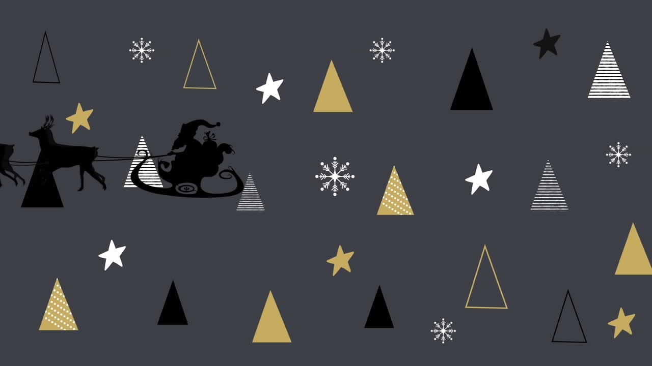 animación de santa claus en trineo con renos sobre estrellas y textura de árbol de navidad