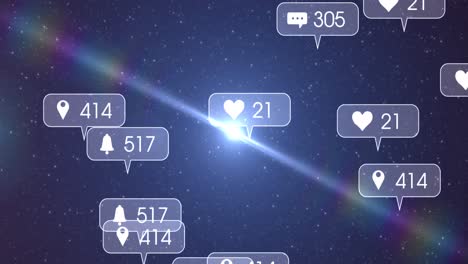 Animation-of-social-media-icons-and-numbers-on-grey-banners-over-stars-on-night-sky