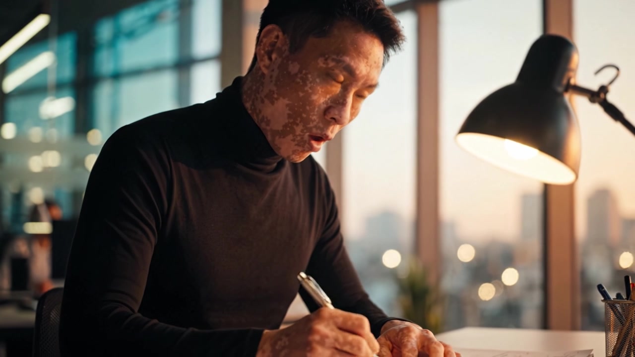 Individuo concentrato che scrive in modo creativo in un moderno ufficio con una calda luce serale e un'elegante lampada da scrivania che illumina lo spazio di lavoro.