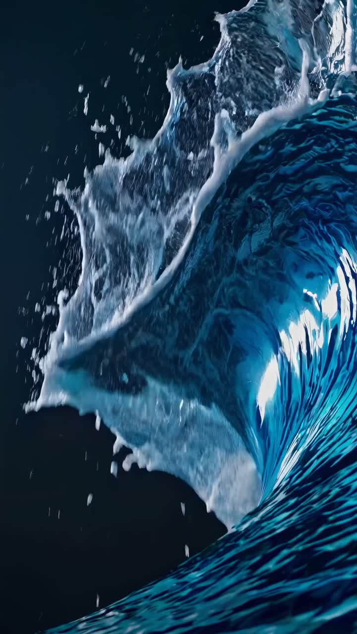 Dynamic video still of a crashing wave, captured from a low-angle, showcasing vibrant blue tones