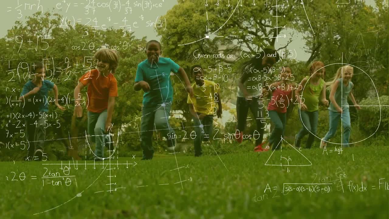 Schoolchildren running in the park