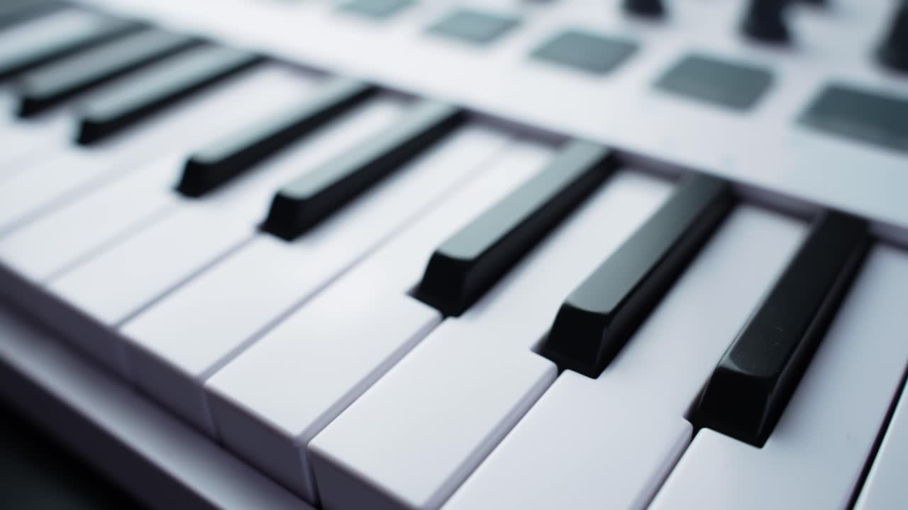 Makronærbillede af et hvidt MIDI-keyboard, der viser sorte og hvide pianotangenter i blødt lys. Lav dybdeskarphed skaber en ren, moderne baggrund for musikproduktion.