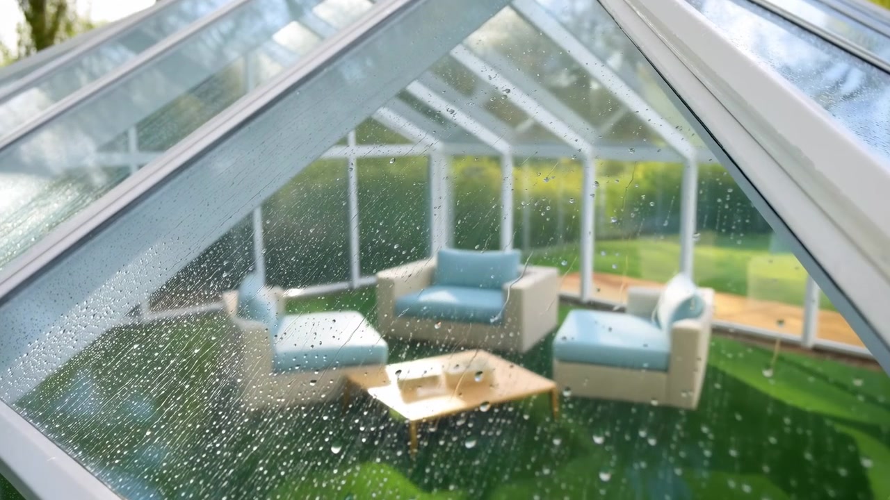 Vista esterna obliqua attraverso un pannello inclinato del tetto di una veranda punteggiato da gocce di pioggia e striature d'acqua, che rivela posti a sedere interni sfocati con poltrone imbottite di colore azzurro pallido, tavolo e ambiente domestico caldo