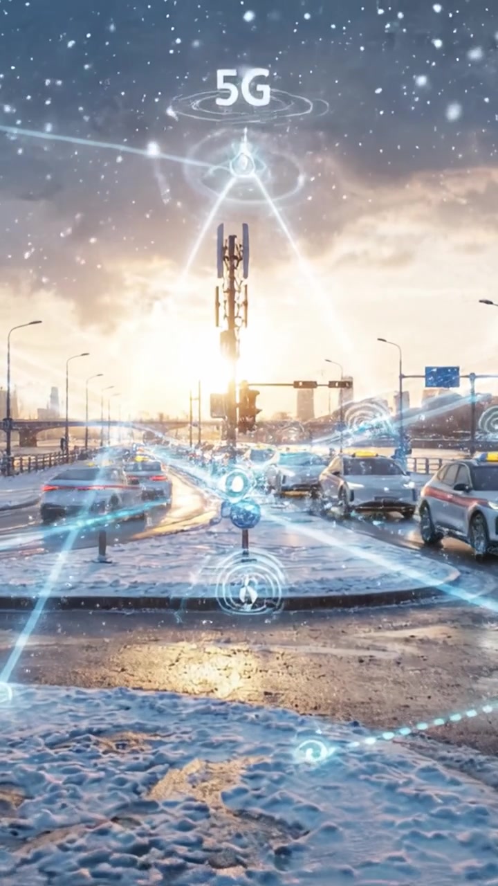 Una scena urbana innevata che mostra un vivace incrocio cittadino con taxi e un ciclista, illuminato da un tramonto dorato e messo in risalto dalla moderna connettività 5G.