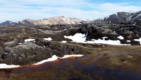 spectacular hiking trail across magma field and snow in rainbow mountains of landmannalaugar in iceland