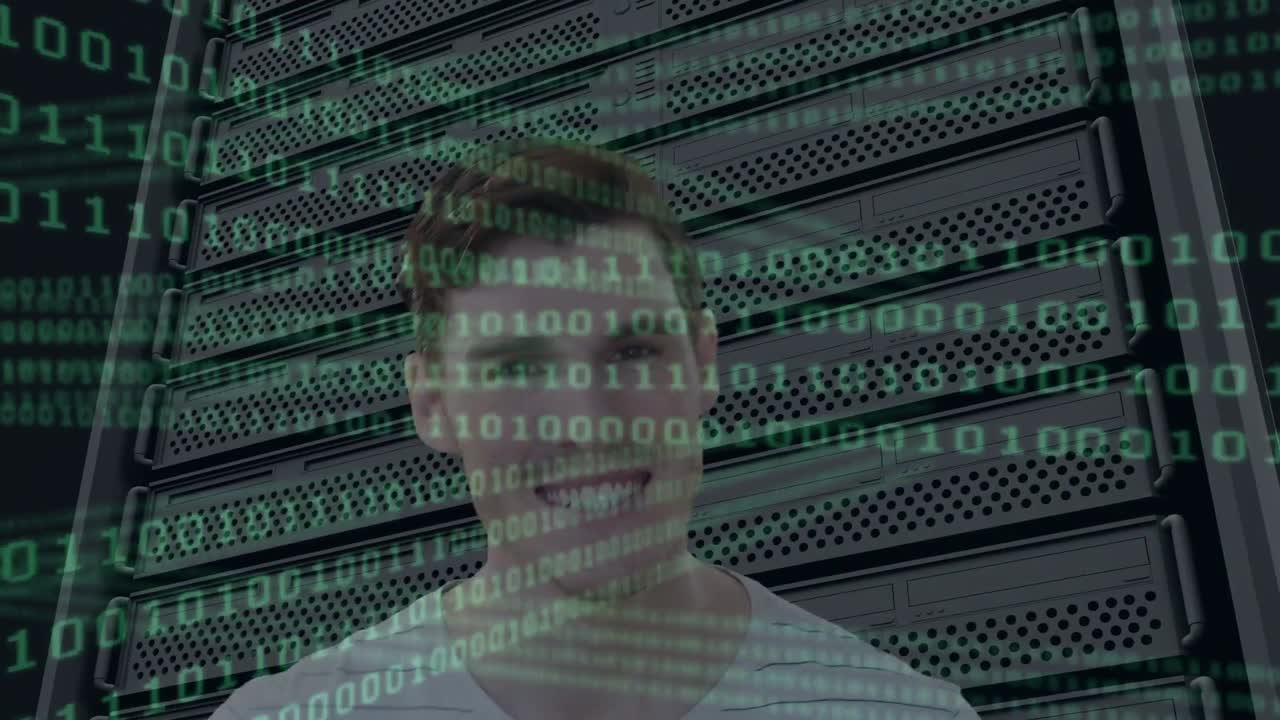 Animation of data processing over businessman in server room