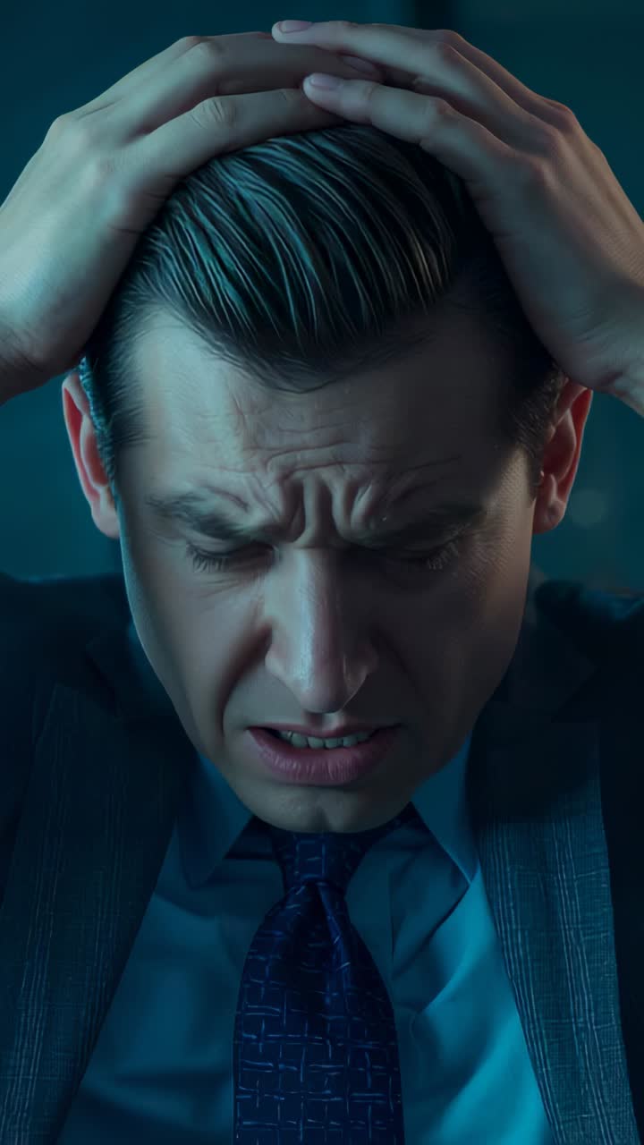 Vertical video: Holding head, man in suit patterned tie watch grimacing from strain in blue office