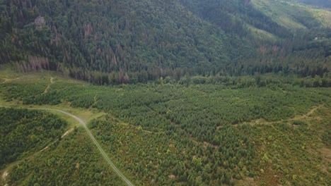 Forward-drone-shot-over-a-mountain-valley-in-Tatras,-Slovakia,-Europe