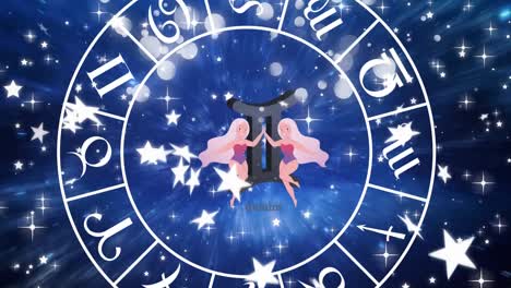 Animation-of-spinning-star-sign-wheel-with-gemini-sign-and-stars