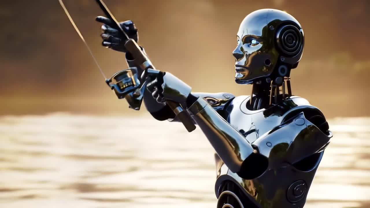 A robotic figure skillfully engaged in fishing, showcasing advanced technology and the fusion of artificial intelligence with recreational activity, captured in serene water surroundings