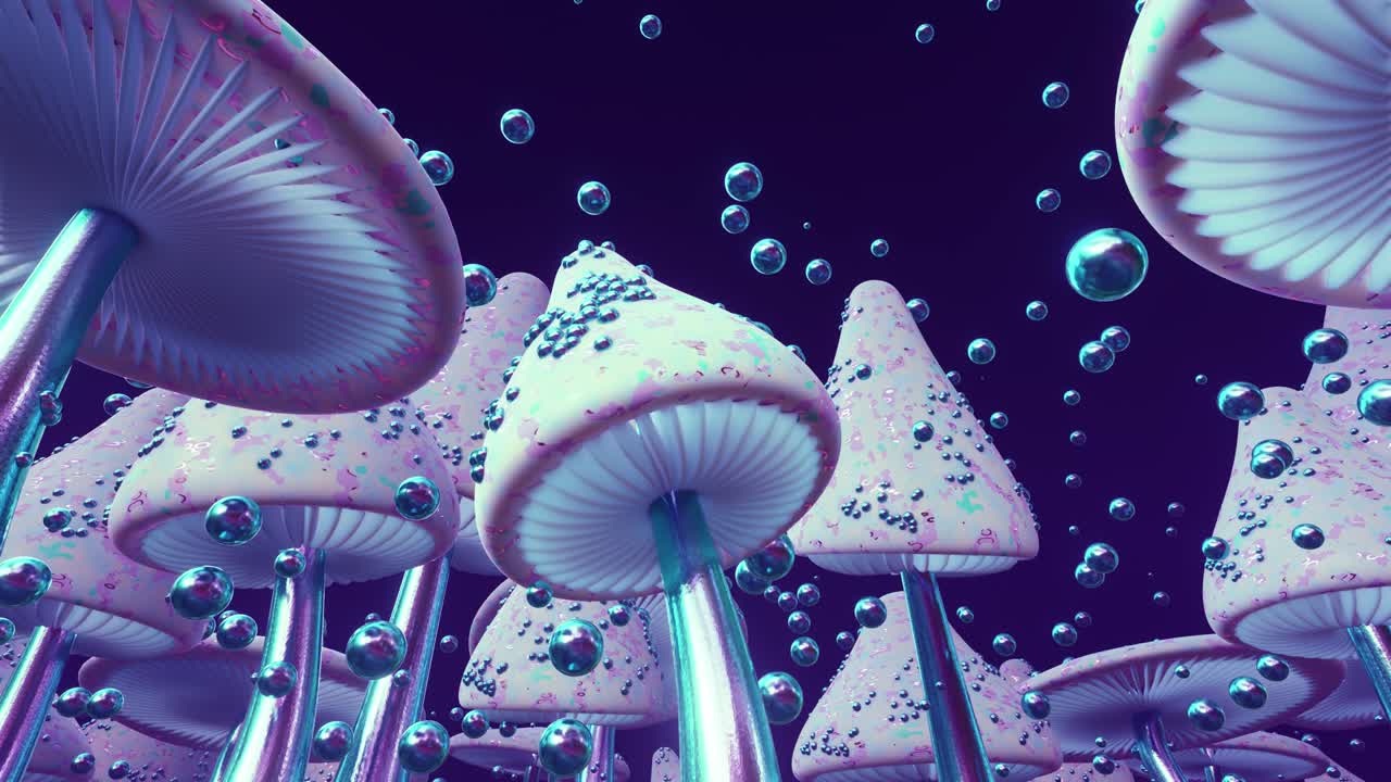 신비로운 보라색 버섯들 사이에서 환상적인 숲을 습니다.