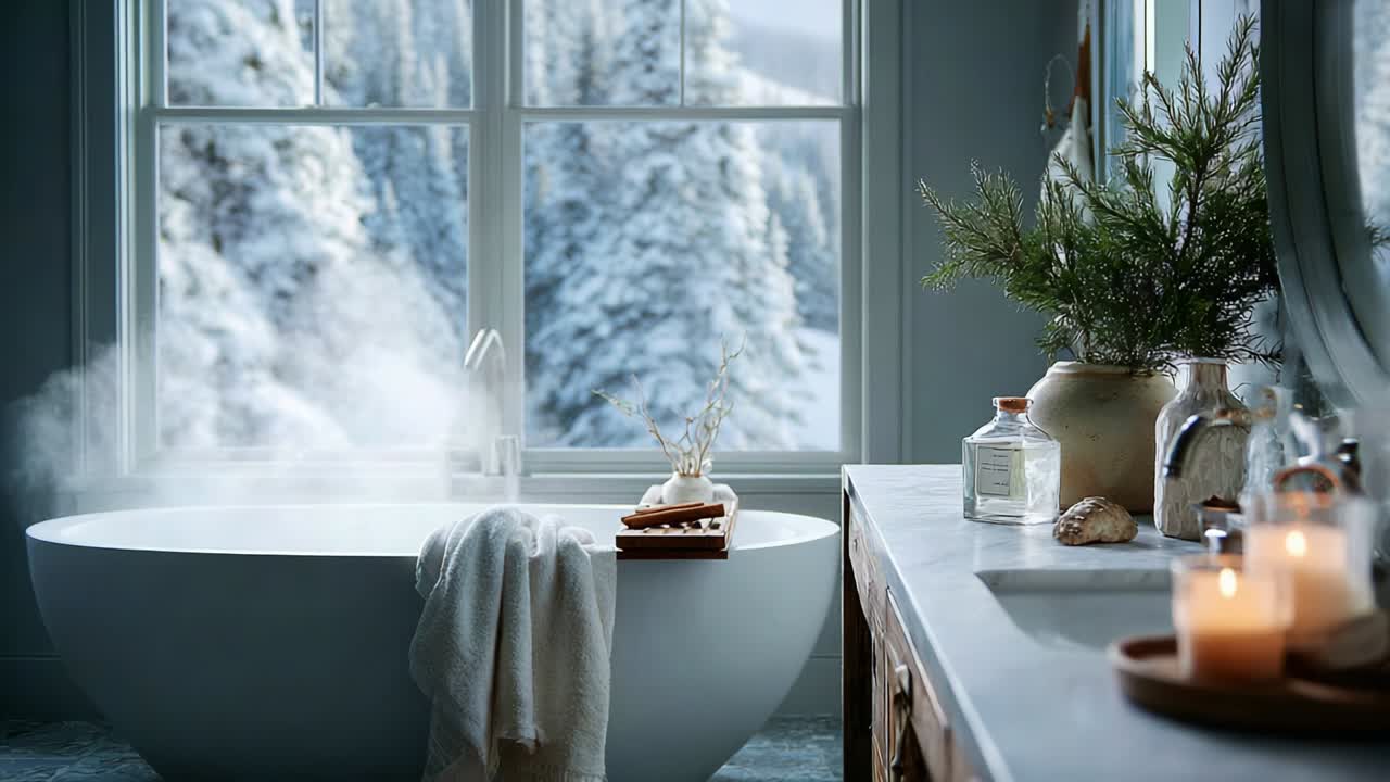 A Luxurious Winter Retreat: An Aesthetic Bathtub Scene Surrounded by a Winter Wonderland, Featuring Cozy Textures, Natural Elements, and Inviting Aromatic Decor for a Tranquil Spa Experience