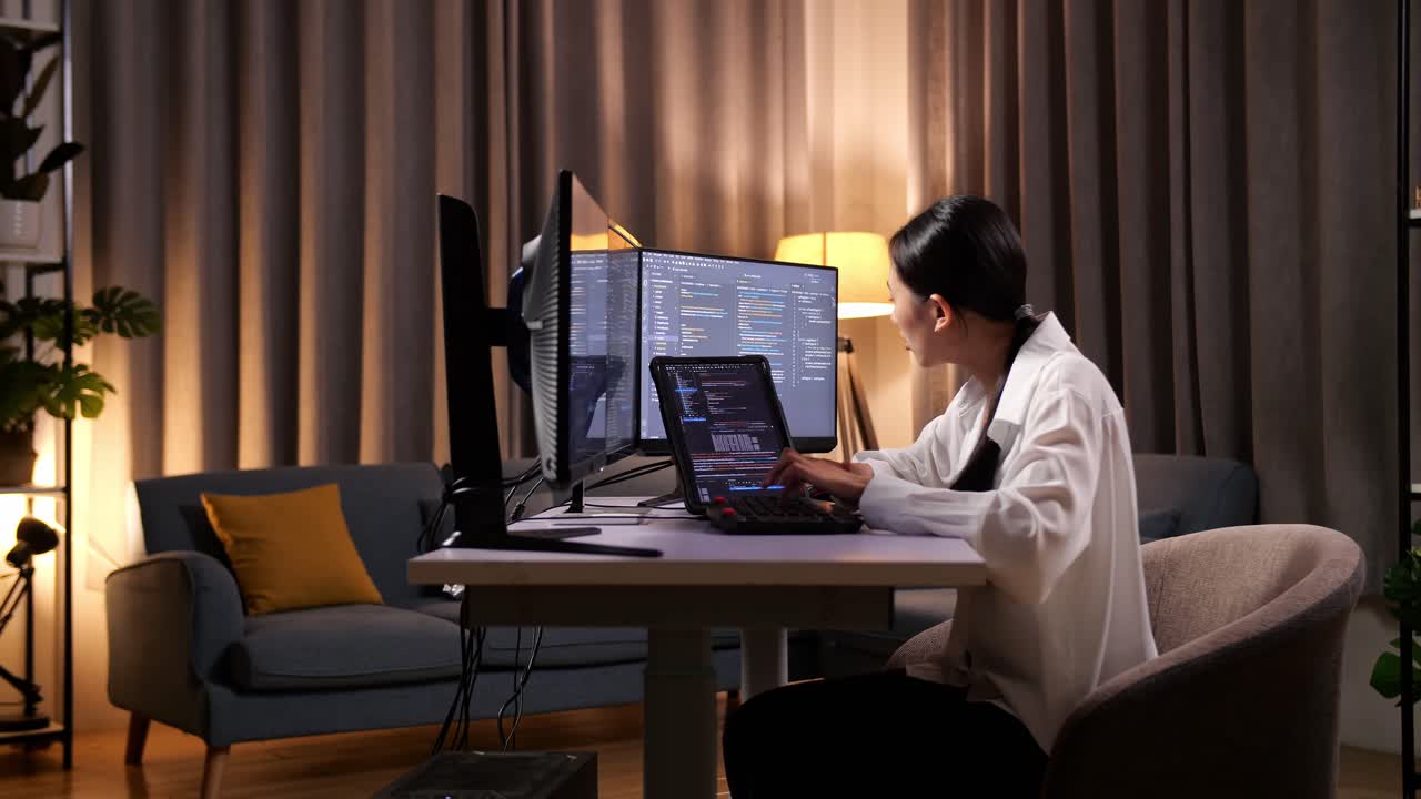 태블릿을 가진 아시아 여성 프로그래머 소프트웨어 엔지니어 집에서 데스크 컴퓨터에서 앱, 프로그램, 비디오 게임을 개발하는 코딩 언어를 가진 터미널