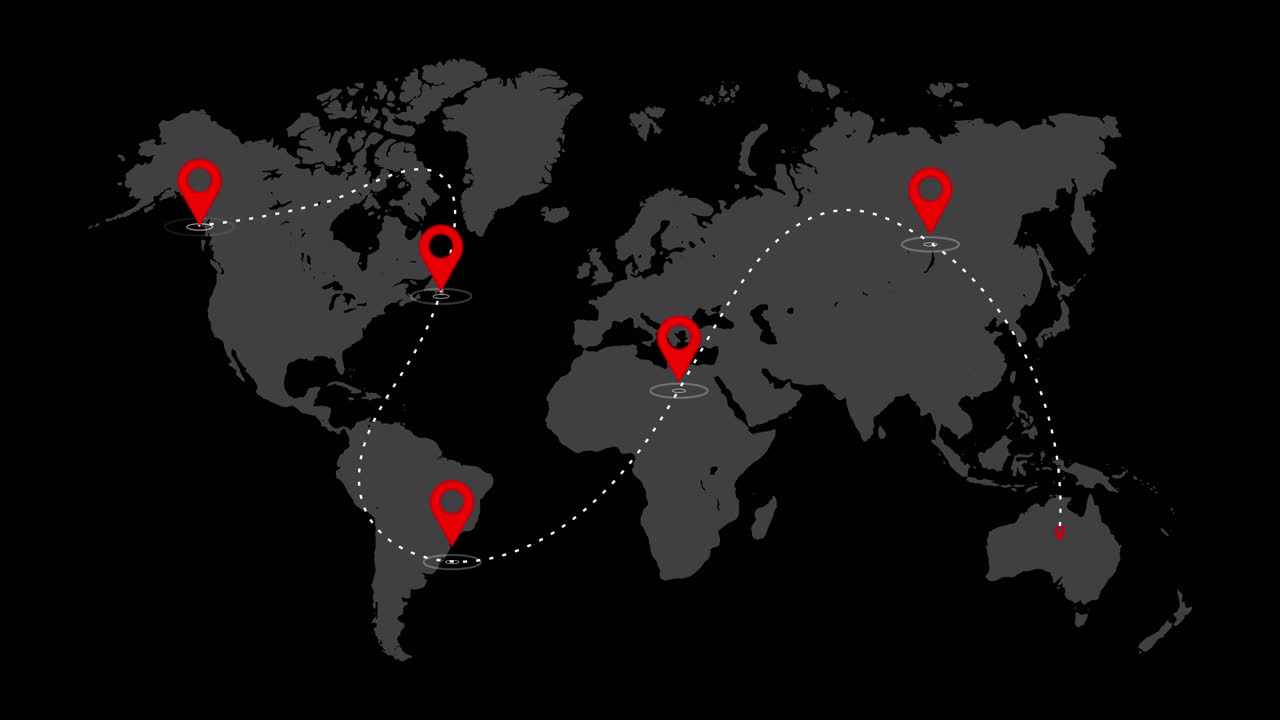 World Map with Global Travel Routes and Location Pins