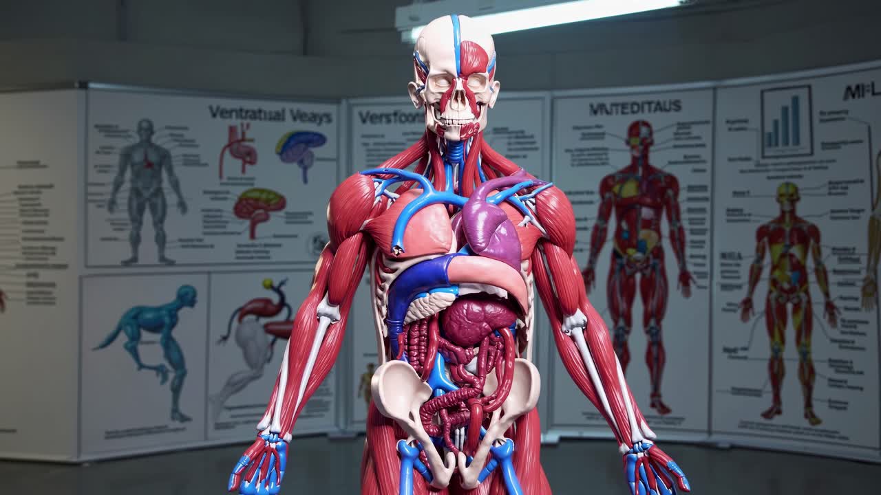 Front view of a detailed anatomical model in a medical setting, showcasing muscles and organs