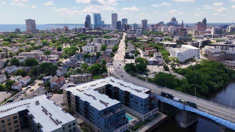 aerial view of the milwaukee wi skyline featuring van buren street starting from north commerce street