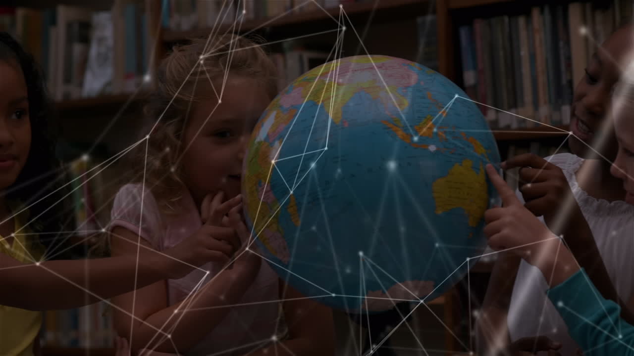 red de conexiones entre diversos estudiantes que aprenden geografía usando un globo en la escuela primaria