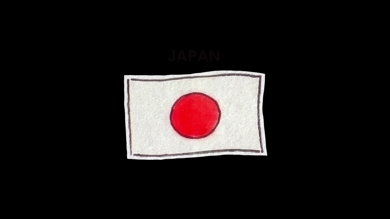 Håndtegnet japansk flag med teksten 'Japan' på sort baggrund