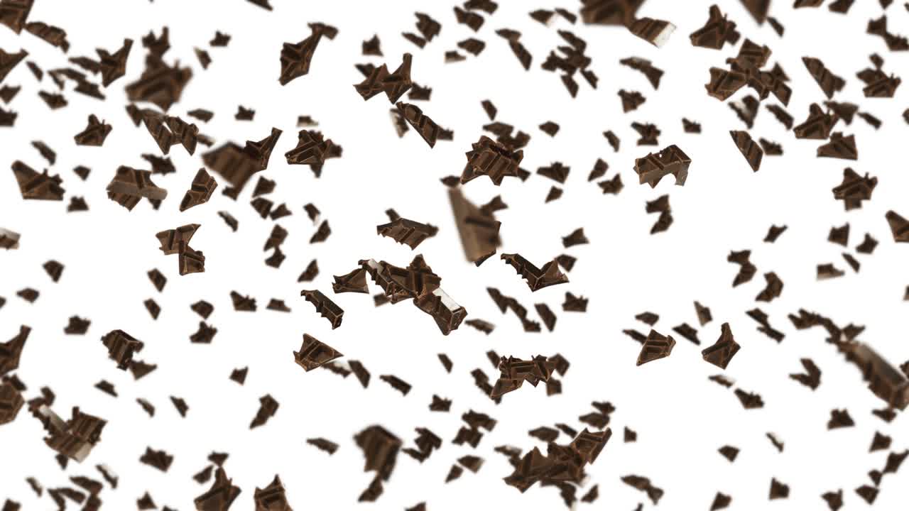 Flying many chocolate pieces on black background. Foods and sweets. Milk and dark. 3D loop animation of chocolate rotating.