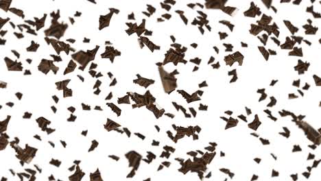 volando muchas piezas de chocolate en fondo negro. alimentos y dulces. leche y oscuro. animación de bucle 3d de chocolate girando.