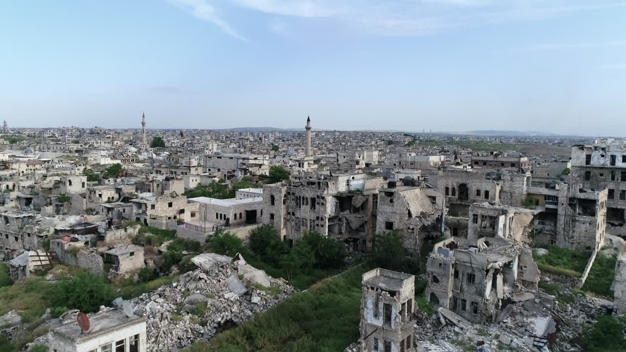 Aerial view over Aleppo in Syria 10 years after the civil war. We can see the city all over the horizon 4K