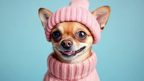 a small chihuahua wearing a pink knitted hat and scarf