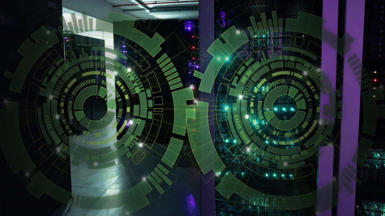 Animation of two green round scanner spinning against computer server room