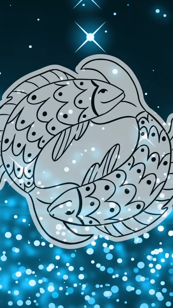 Animatie van tweelingvissen van het sterrenbeeld Vissen boven gloeiende en bewegende blauwe deeltjes en sterren