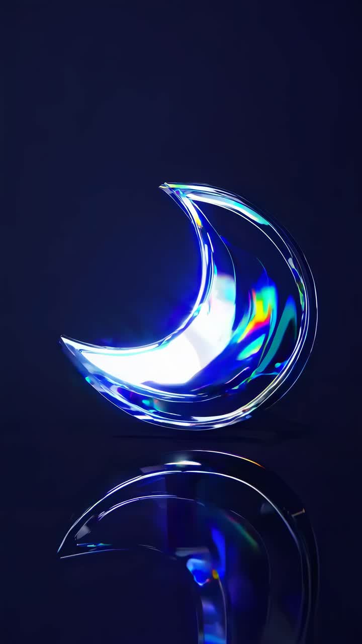 A crescent moon sculpture with rainbow reflections on a black background, captured from a low angle