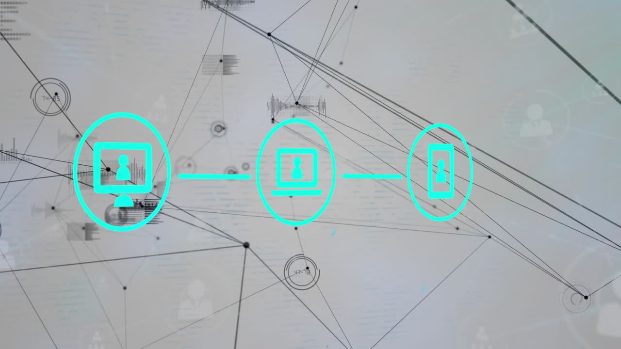 анимация сети соединений с иконками и обработкой данных на белом фоне