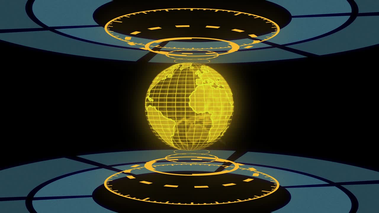 esfera de la tierra digital 3d en color dorado con hud digital futurista en laboratorio de alta tecnología y fondo brillante de circuito digital.