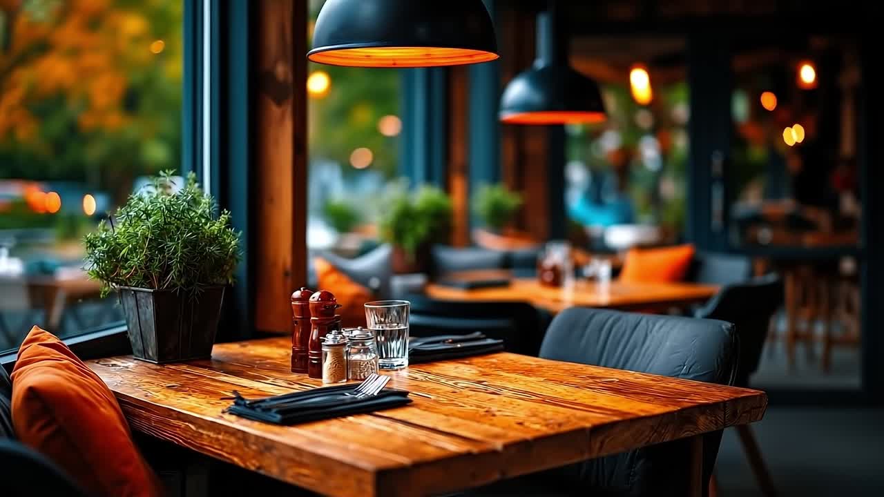 나무 테이블 위에 화분이 놓여 있다