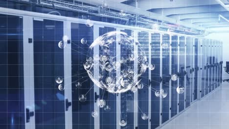 animation of globe with connections and data processing over computer servers