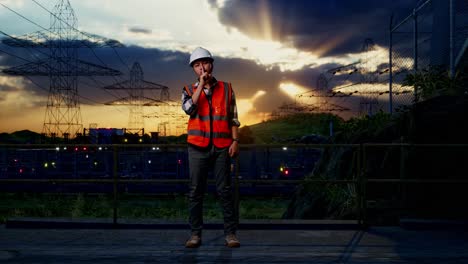 engineer at power plant at sunset