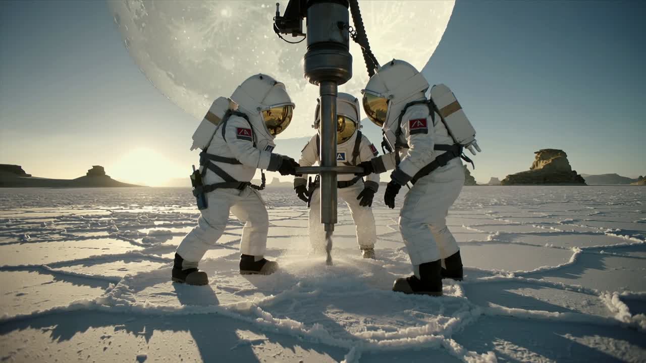 Powering drill, three crew in suits steadying and guiding rig into frozen plain for core sampling