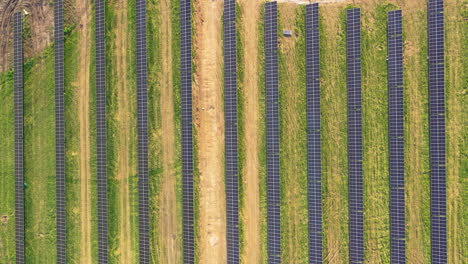 Aerial-top-down-solar-panel-power-station-on-farm-field-during-sunny-day