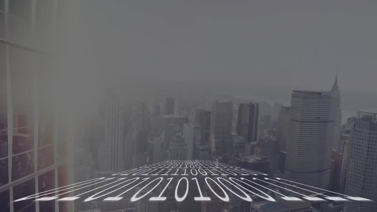 도시 풍경 위의 데이터 처리 애니메이션