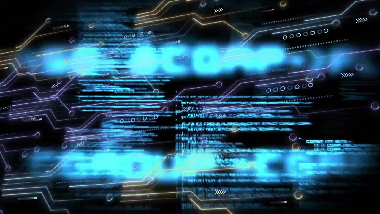 On opening void, neon clusters and circuit paths are sliding glitching reforming showing data flow