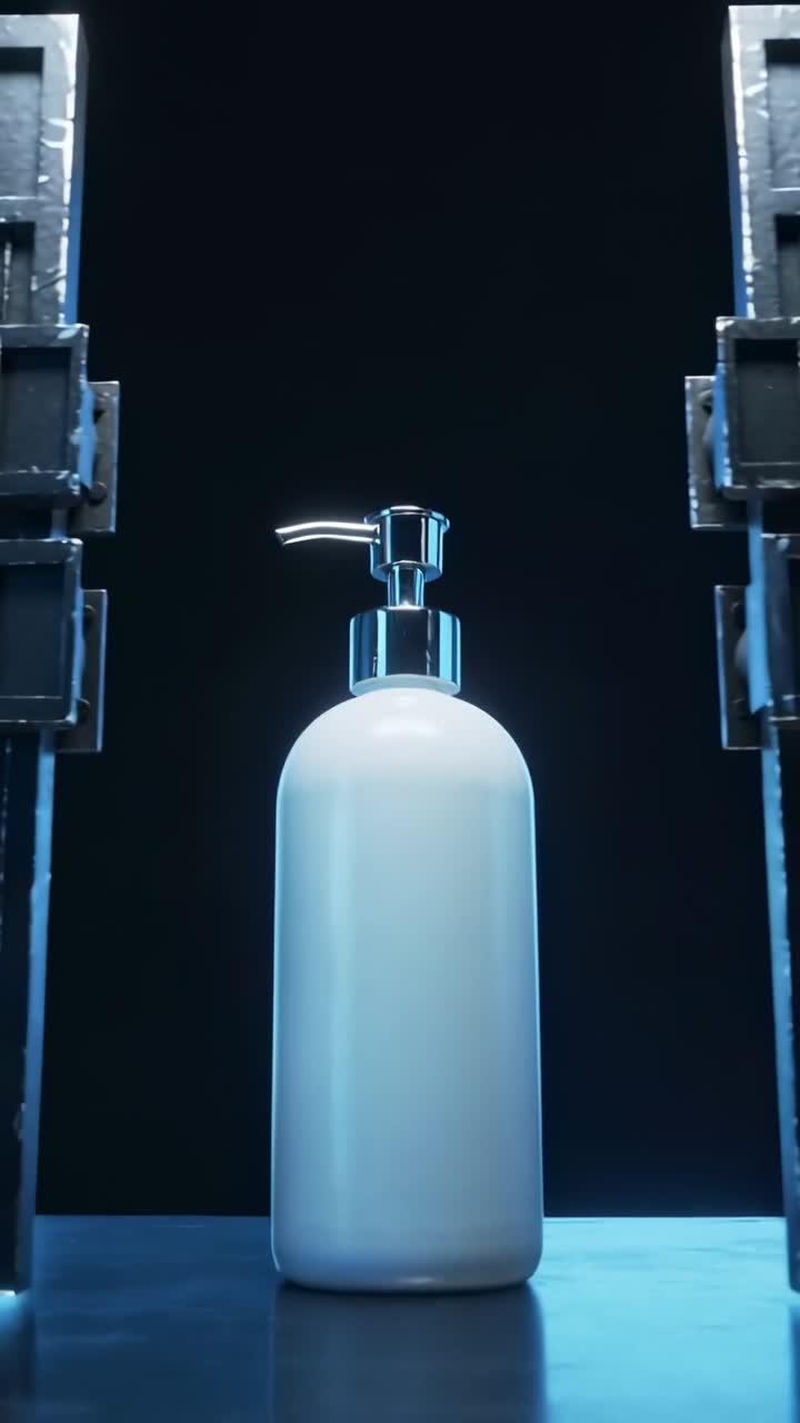 Vertical video: Sliding panels framing white bottle on metal table, blue-lit chrome pump for reveal