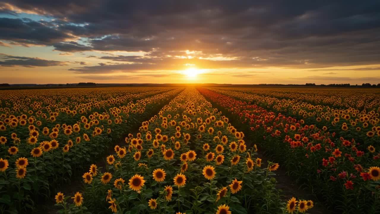 A Stunning Sunset Over Vibrant Sunflower Fields: Nature's Beauty on Full Display in a Breathtaking Landscape of Colorful Blooms and Golden Light