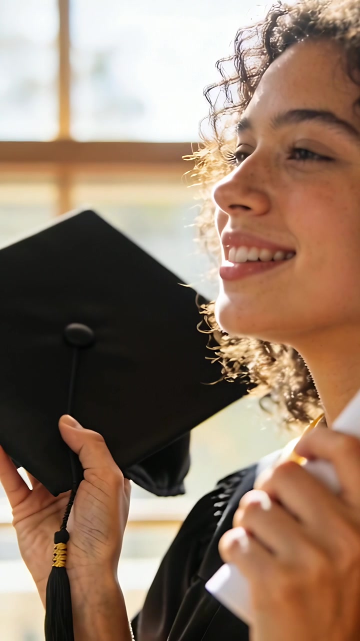 Vertical video: Smiling gowned grad holding cap and scroll by window as camera framing, celebrating