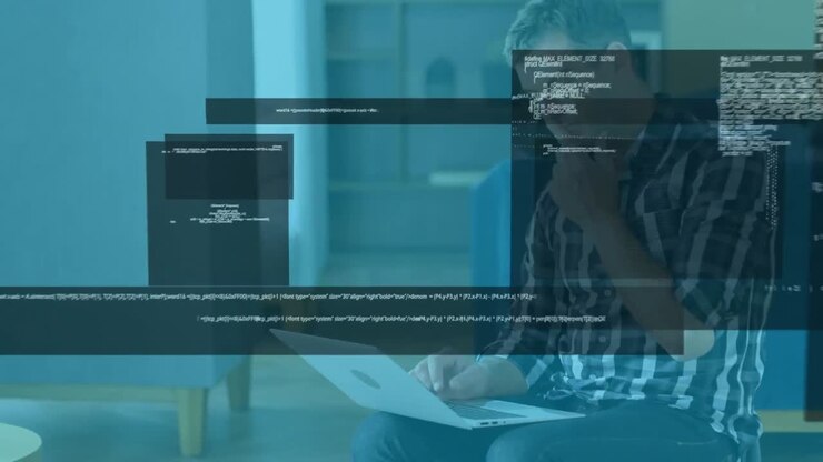 Animation of data processing over businessman using laptop