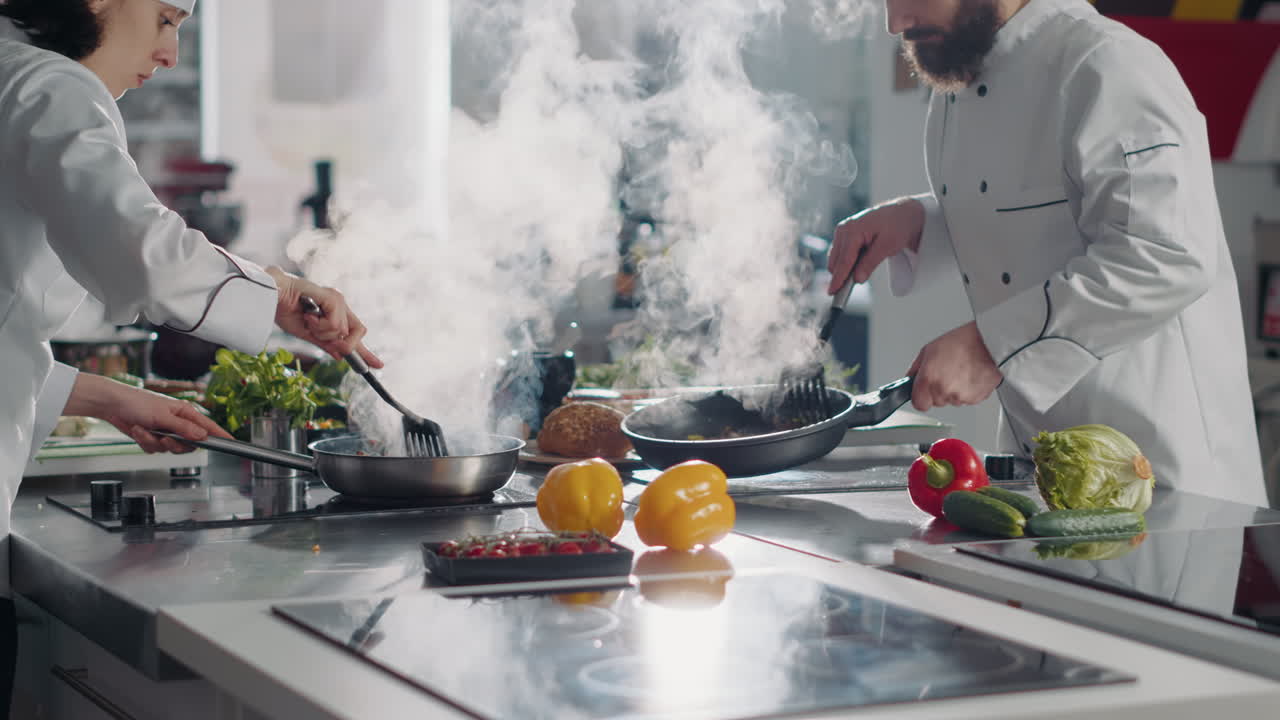 Male cook using frying pan to steam vegetables for gourmet dish