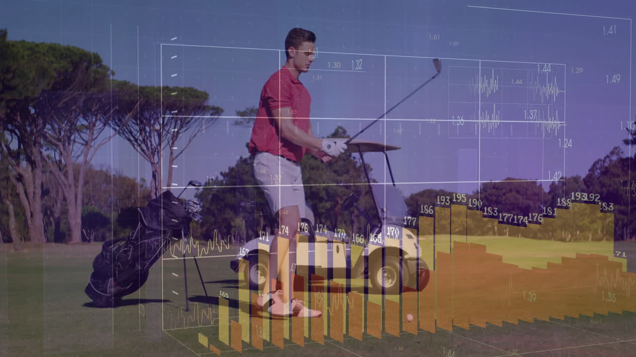 male golfer standing on fairway, using golf technology platform with floating charts and data
