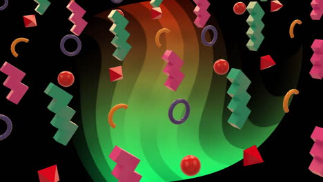 animación de formas coloridas sobre formas en espiral de color naranja y verde sobre fondo negro